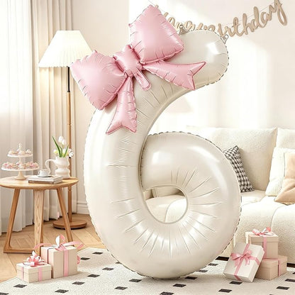 Cream 6 Balloons with Pink Bow Balloons, 40 Inch Giant Self Inflating Beige by KYGNE