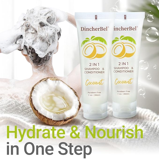 Travel Size 2 in 1 Shampoo & Conditioner, Refreshing Tropical Coconut Scent Shampoo Amenities - Small Hotel Toiletries in Bulk (1 Fl Oz, 100 Pack)