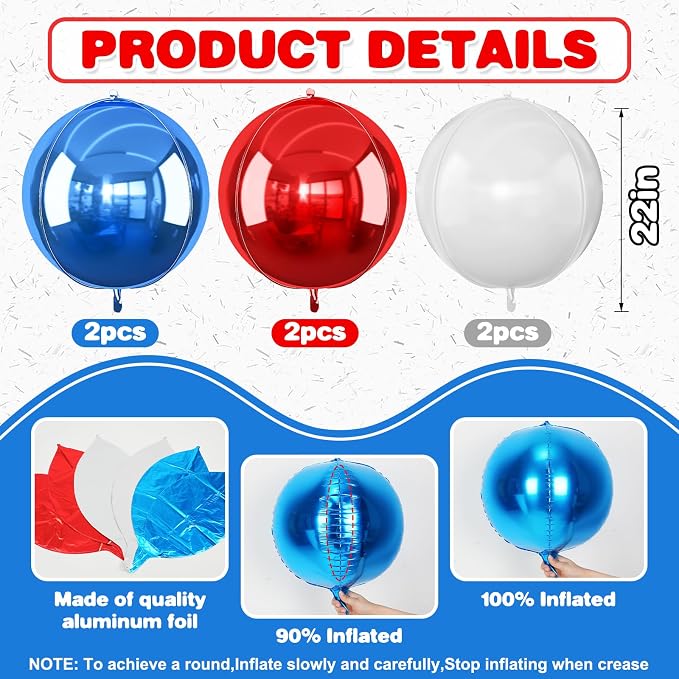 6Pcs Red Blue White Round Foil Balloons, Giant 4D Round Ball Balloons, 22 Inch - Image 2