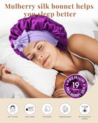AWAYTR Silk Bonnet for Sleeping Women 100% Mulberry Silk Bonnet with Band 2 Layer Reversible Hair Bonnet Sleeping Hair Wrap (Purple/Violet)