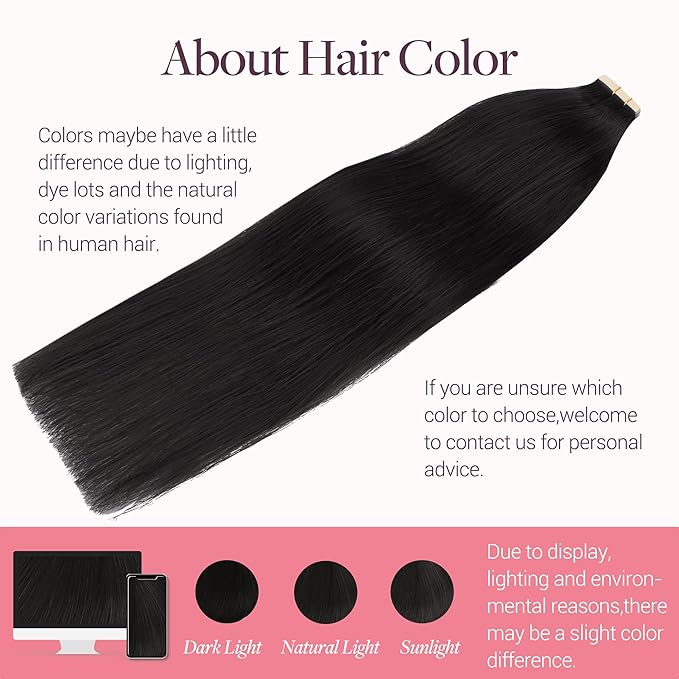 GOO GOO Tape in Hair Extensions Human Hair, 1B Natural black, 26inch 60g 20pcs, Skin Weft Seamless Invisible, Silky Straight with Thick Ends, Remy Human Hair