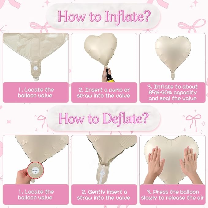 Pink White Heart Balloons with Ribbon Bow, 18 Inch Helium Balloon with Bow Decor - Image 7