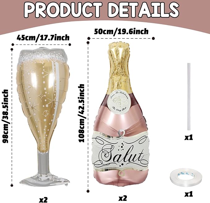 Aluminum Foil Champagne Balloons, Large 36Inch Pink Mylar Foil Helium Wine - Image 2