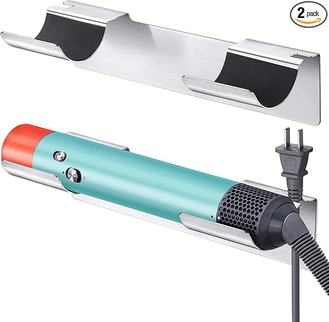 2 PCS Wall Mount Curling Iron Holder and Hair Tool Organizer with Adhesive, Multifunctional Hot Flat Iron and Hair Straightener Holder Storage Stand for Vanity, Cabinet and Wall, Silver