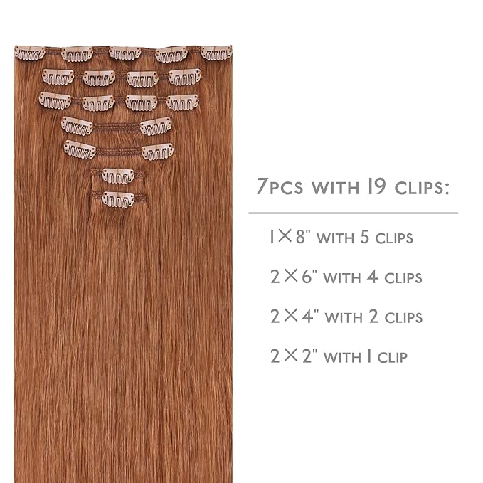 WENNALIFE Clip in Hair Extensions Real Human Hair, 14 Inch 120g 7pcs Cinnamon Terra Copper Remy Hair Natural Double Weft
