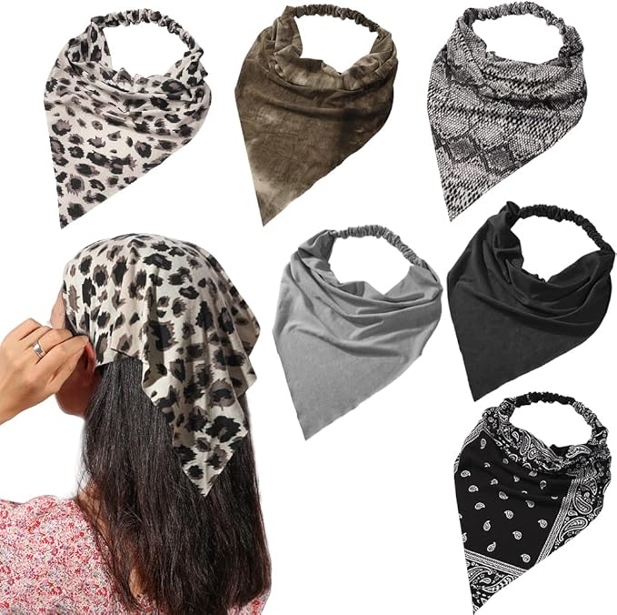 6 Pack Hair Scarf Headband for Women Elastic Bandana Head Scarf Large Boho Triangle Kerchief with Clips Non Slip Scarves