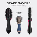 Dual Voltage Travel Hair Dryer Brush, 2 Inch Oval Hot Air Brush, One Step Travel Hair Styler/Volumizer/Straightener/Curler, European Blow Dryer Brush with Universal Adapter