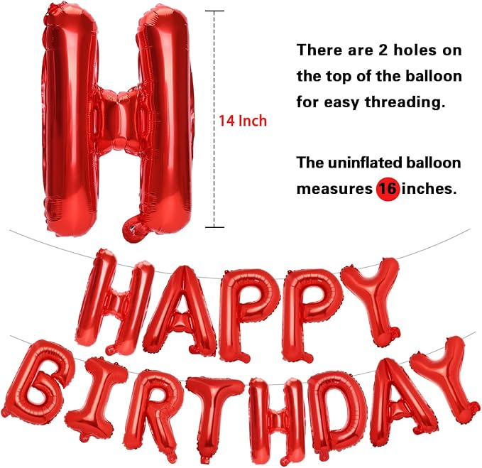 PIGETALE Red Happy Birthday Balloons Banner, 16 Inch Mylar Foil Letters Balloons - Image 4