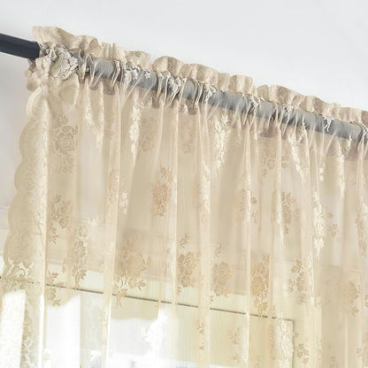 Kotile Beige Lace Curtains for Living Room Floral 52 x 80 Inch, 2 Panels | Rod - Image 4