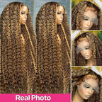 CYNOSURE 30 Inch 4/27 Highlight Deep Wave Lace Front Wigs Human Hair 13x5 Ombre Honey Blonde Jerry Curly Wig HD Transparent Lace Frontal Wigs Pre Plucked with Baby Hair 180% Density