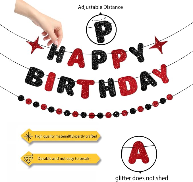 Red and Black Happy Birthday Banner Glitter Garland - Image 3
