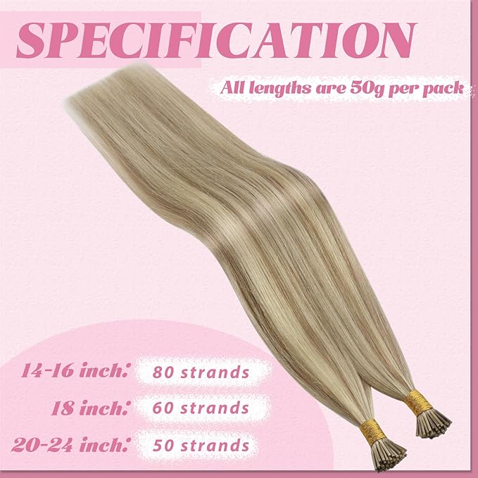 YoungSee I Tip Hair Extensions Human Hair Blonde I Tips Hair Extensions Real Human Hair Golden Blonde Highlight Itip Hair Extension Real Human Hair Short Hair 14 Inch 50g 80s