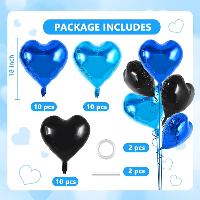 TONIFUL 30 Pcs 18 Inch Blue Navy Blue Black Heart Shape Foil Mylar Balloons | - Image 2