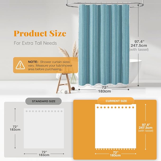 72x96 Extra Long Boho Linen Heavy Duty Cloth Shower Curtain Set, Teal | Extra - Image 3