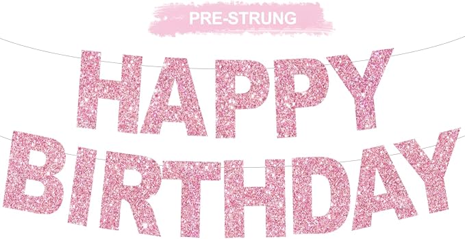 BEISHIDA Pre-Strung Glitter Pink Happy Birthday Banner Party Sign Decor | NO DIY by Beishida
