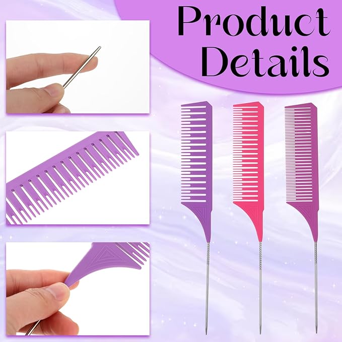 3Pcs Highlighting Comb Professional Hair Dye Combs 3 Sizes Highlight Comb Weaving Combs with Long Stainless Steel Rat Tail for Home and Salon(Purple, Magenta, Purple)