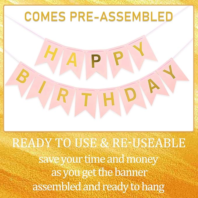 Pink Happy Birthday Banner - 16 ft Pre-Strung Gold & Pink Birthday Party - Image 2