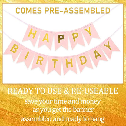 Pink Happy Birthday Banner - 16 ft Pre-Strung Gold & Pink Birthday Party - Image 2