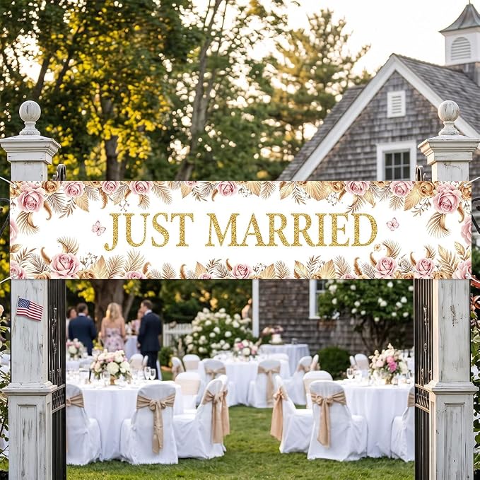 Just Married Wedding Decor Banner Decorations Party Hanging Sign | Reusable - Image 4