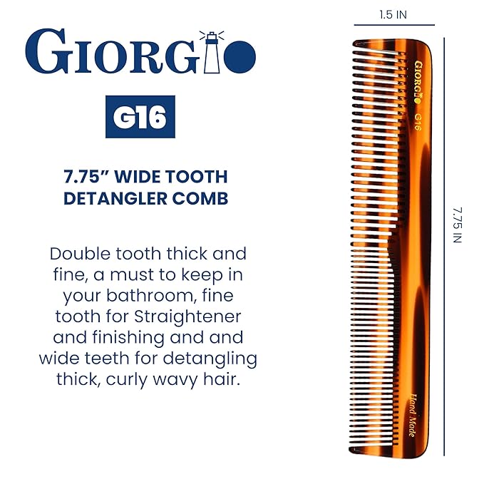 Giorgio G16 Fine Tooth and Wide Tooth Detangler Comb - Hair Comb for Men and for Women, Hair Styling Barber Comb, Beard and Mustache Combs for Men - Saw Cut and Handmade (Tortoiseshell)