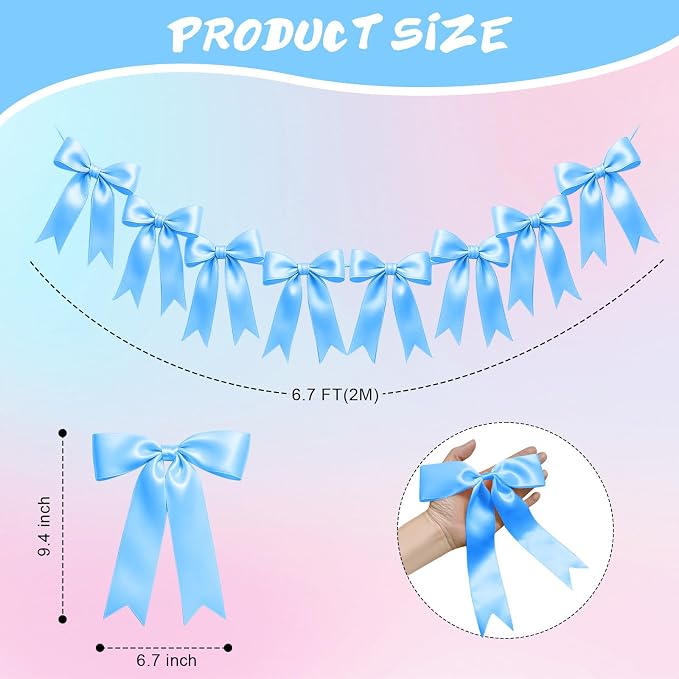 2 Strings of 16PCS Blue Bow Garlands Banner Decoration, Pre-Strung Satin Ribbon - Image 2