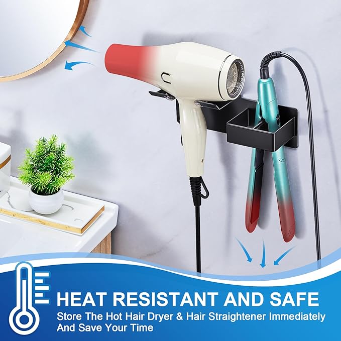 Hair Dryer Holder Wall Mounted, Hair Straightener Holder Metal, Adhesive Blow Dryer and Hair Straightener Holder, Bathroom Bedroom Hair Tool Organizer for Flat Iron,Curling Iron,Hairdryer