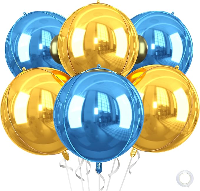 Blue an Gold Balloon Foil, 22 Inch 4D Metallic Balloons, Round Foil Balloons by Saxuxu