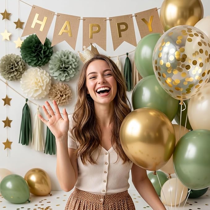 ANSOMO Sage Green Happy Birthday Party Decorations Retro Green Nude Ivory Dark - Image 5
