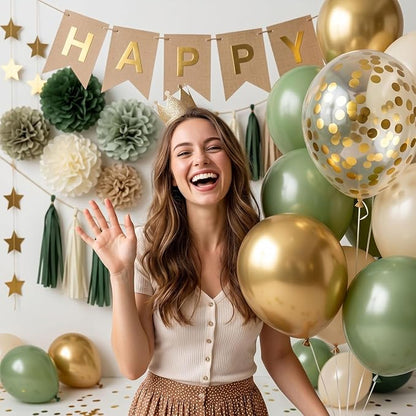 ANSOMO Sage Green Happy Birthday Party Decorations Retro Green Nude Ivory Dark - Image 5