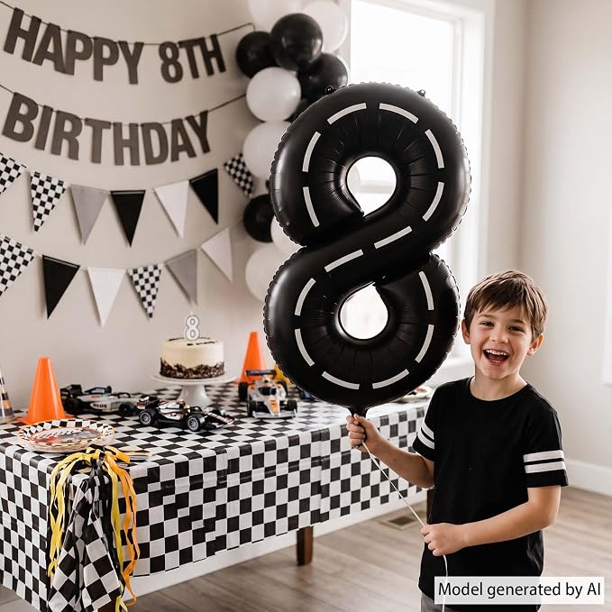 Black and White Stripes Number 8 Balloon 40 Inch, Road Theme Digit Decor | - Image 2