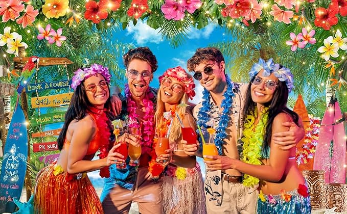 10x8ft Summer Hawaiian Beach Photography Tropical Luau Backdrop | Flower Palm - Image 3