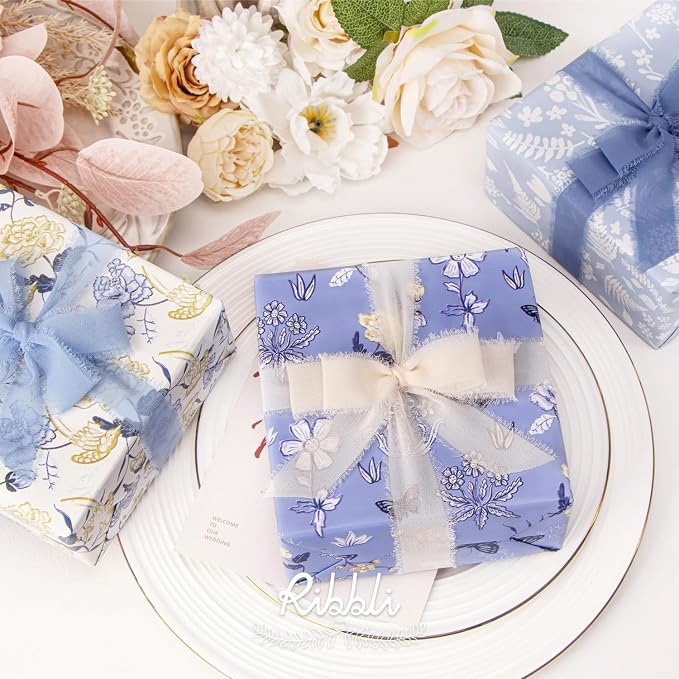 Ribbli Blue Ribbon 1 Inch x 3 Rolls Total 24 Yards Cream/Blue/Dusty Blue - Image 2