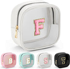 YOOLIFE Initial Make Up Bag Travel Toiletry Bag, Clear Makeup Bag Preppy Cosmetic Bags Organizer Travel Essentials Gifts for Women Teen Girlfriend Teacher Mom Birthday Mothers Day Gifts White F