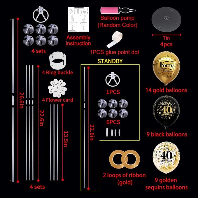 TONIFUL 4 Set Black Gold 40 Printed Balloon Stands - Image 2