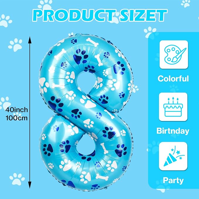 40 Inch Blue Dog Paw Birthday Balloons, Number 8 Balloons - Image 2