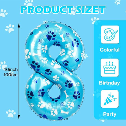 40 Inch Blue Dog Paw Birthday Balloons, Number 8 Balloons - Image 2