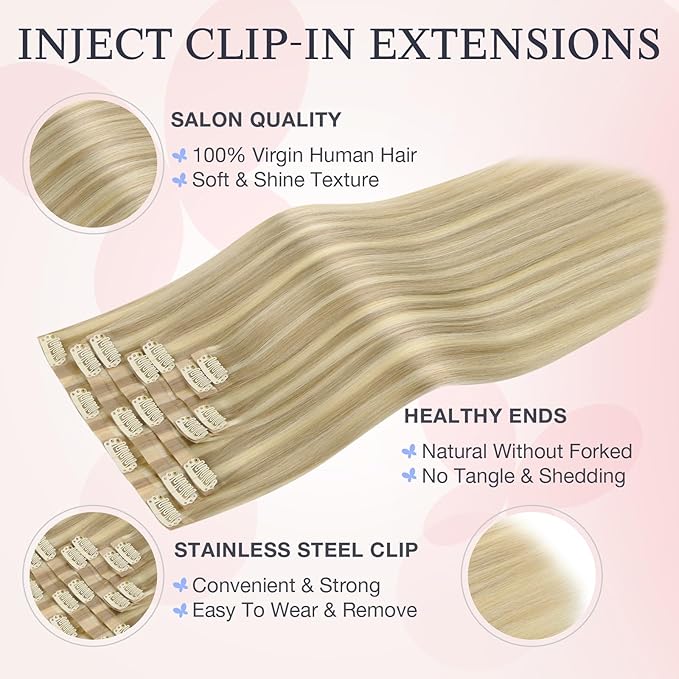 DOORES Invisible Clip in Hair Extensions 16 inch 110g 7pcs, Real Human Hair Invisi Edge Clip in Extensions, Virgin PU Clipins Straight Thickening, 16/22 Light Blonde Highlighted Golden Blonde