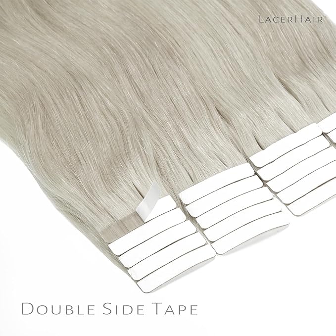 Lacer Hair Extensions Tape in Human Hair Real Hair Silver Seamless Skin Wefts Tape-on Remy Hair Extensions Light Grey Tape in Hair Extensions Invisible Double Sided Tape Ins 16 Inch 20Pcs