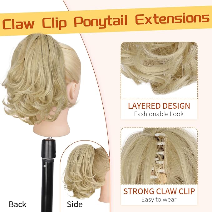 KooKaStyle Ponytail Extension, 10" Short Claw Clip in Pony Tails Hair Extensions Curly Wavy Synthetic Drawstring Hairpieces for Women(Light Ash Blonde)