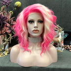 IMSTYLE Pink Blonde Lace Front Wigs Short Bob Wavy Wigs Synthetic Hair Wig Free Part with Natural Hairline Shoulder Length for Women (Blonde Pink)