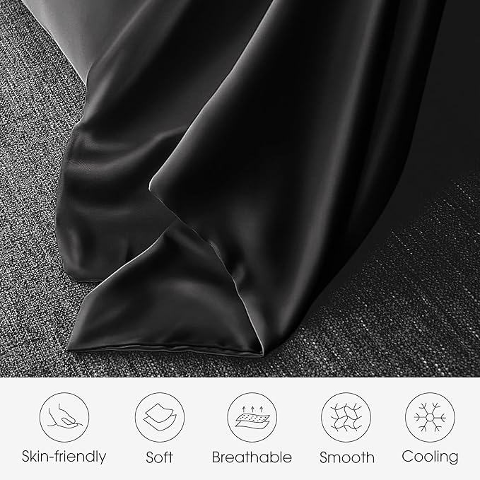 100% Silk Pillow Cases 2 Pack Standard Size Mulberry Silk Pillowcase for Hair and Skin Set of 2 Highest Grade 6A Silk Soft Breathable Cooling with Hidden Zipper, Black