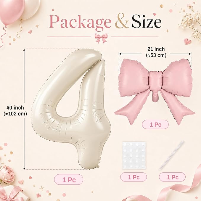 Cream 4 Balloons with Pink Bow Balloons, 40 Inch Giant Self Inflating Beige - Image 2