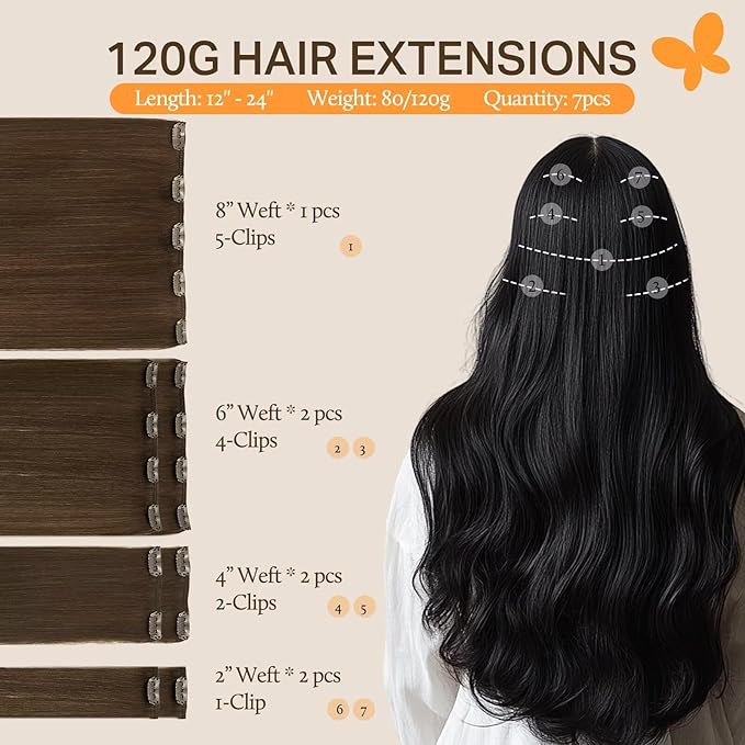 DOORES Clip in Human Hair Extensions Chocolate Brown 120g 22 Inch 7pcs Remy Hair Extensions Clip in Real Hair Extensions Natural Straight Extensions