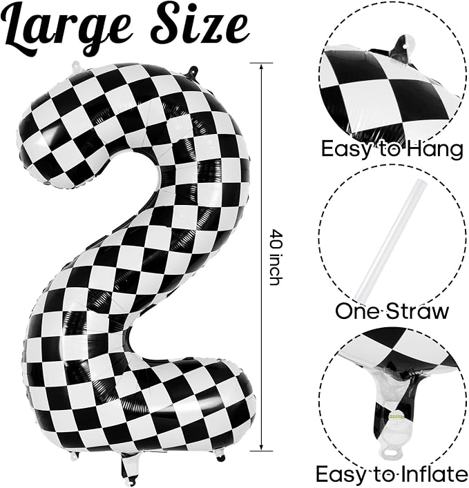 Checkered Number 2 Balloon 40 Inch, Large Foil Black and White Number Balloons - Image 3