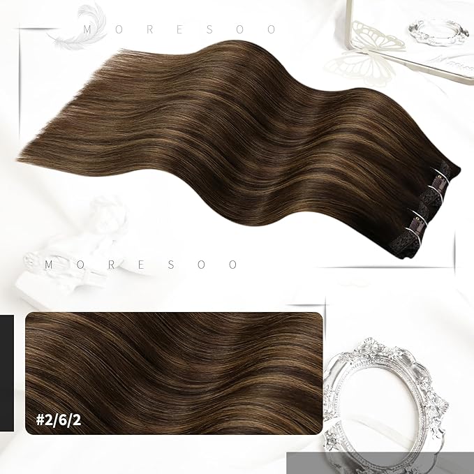 Moresoo Clip in Hair Extensions Remy Double Weft Human Hair Clip in Extensions Balayage Straight Hair Extensions for Women Ombre Dark Brown with Chestnut Brown 5pcs 80g 12inch