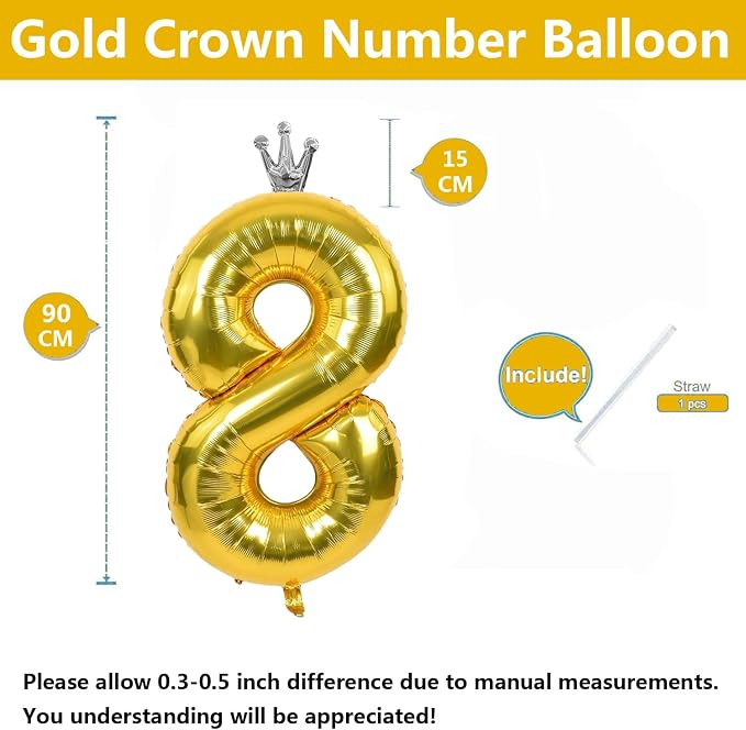 Gold Number 8 Balloon with Crown, 40 inch Gold Number Balloon 8th Birthday - Image 2