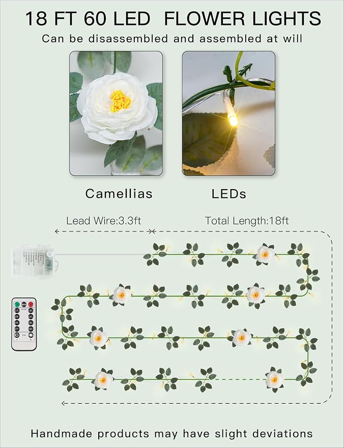 60LED Garland with White Camellia Lights Battery Operated Clear Wire | Vines - Image 6