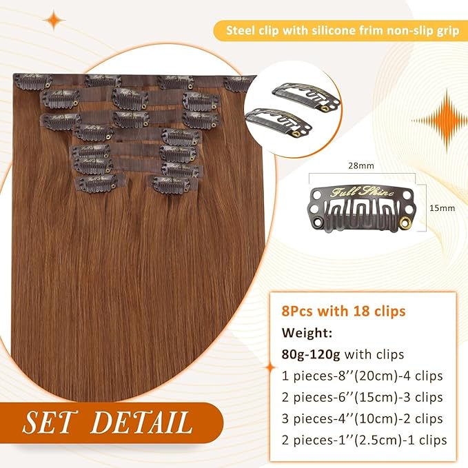 Full Shine Clip in Hair Extensions Copper Brown Human Hair 18 Inch Clip in Real Hair PU Weft Copper Red Human Hair Clip ins Extensions Auburn Brown Natural Ends 120 Grams 8 PCS