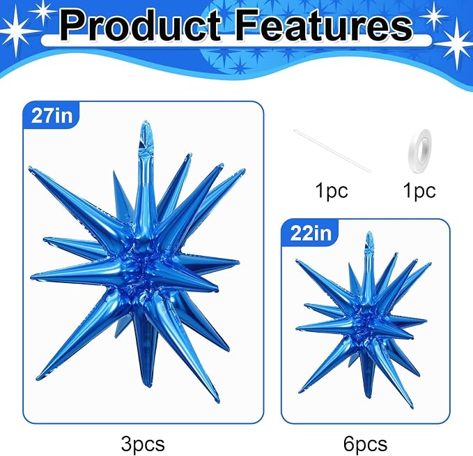 9Pcs Blue Star Balloons, Large Explosion Star Foil Balloons, Metallic Blue - Image 2