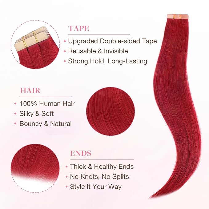 GOO GOO Tape in Hair Extensions Human Hair, Red, 12inch 20g 10pcs, Colored Tape ins Human Hair Extensions, Silky&Soft Invisible, Hair Highlighted for Party